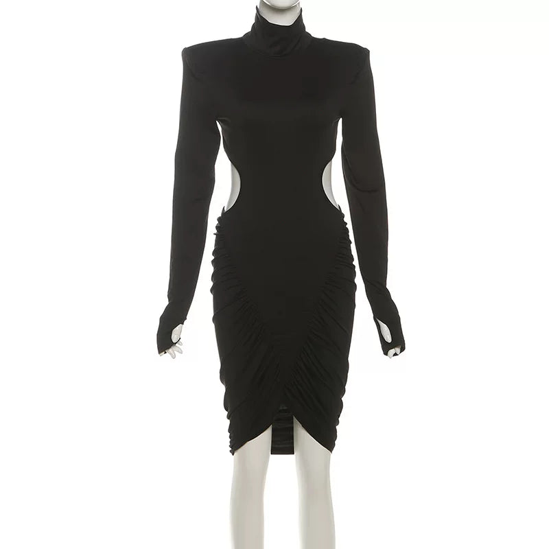 Kaerwx | High-Neck Backless Pleated Waist-Slim Long-Sleeve Short Dress