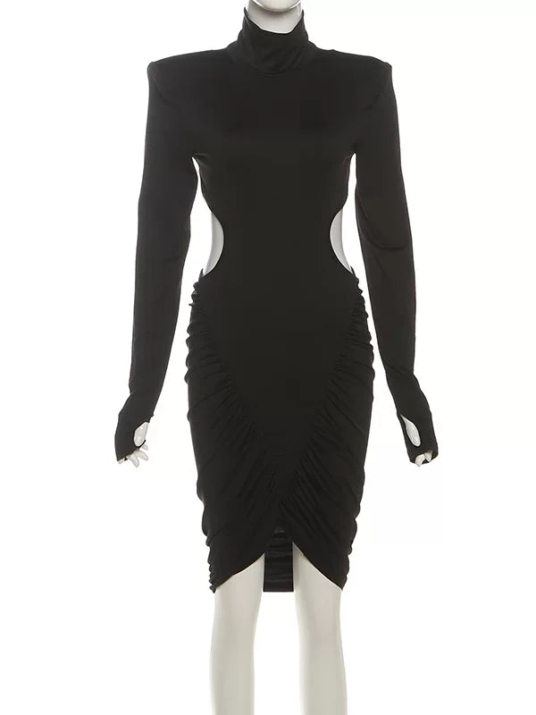 Kaerwx | High-Neck Backless Pleated Waist-Slim Long-Sleeve Short Dress