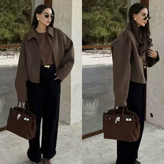 Kaerwx | Women’s Brown Woolen Short Jacket – Chic Street Style with Zipper Lapel