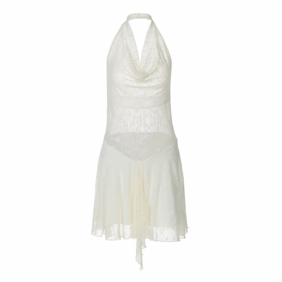Kaerwx | Lace Halter Neck Waist-Cinching Short Dress