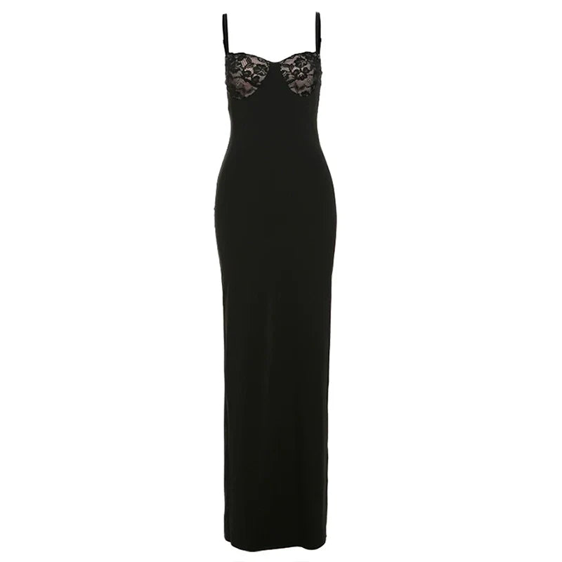 Kaerwx | Lace Spliced Deep V-Neck Long Dress for Women
