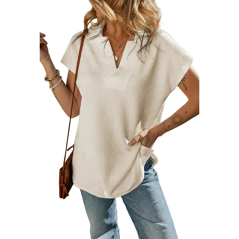 Kaerwx | Solid Color V-Neck Short-Sleeve T-Shirt with Hem Slit for Women