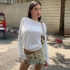 Kaerwx | Off-Shoulder Slant Collar Fingerless Long-Sleeve Top with Elastic Waist for Women
