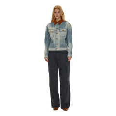 Kaerwx | Women’s Washed Blue Denim Jacket – Retro Off-Shoulder Corduroy Collar
