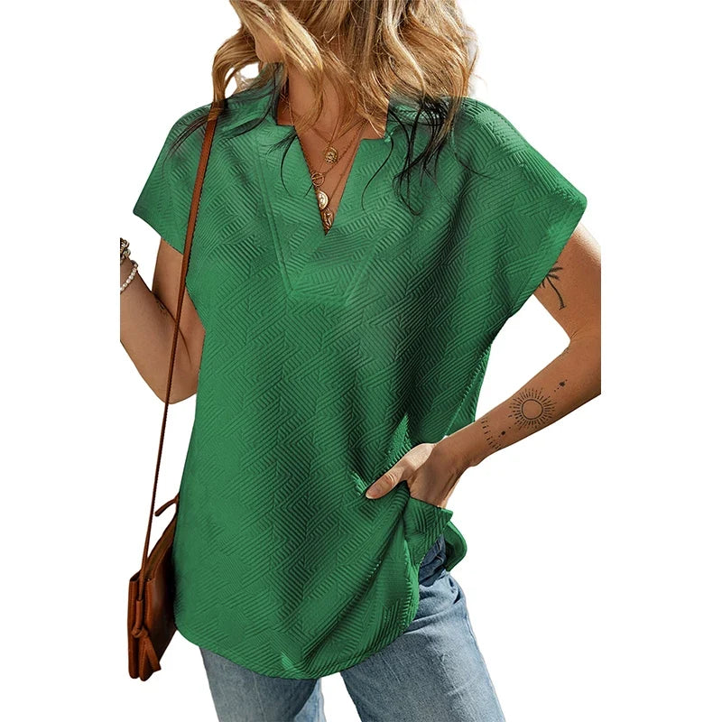 Kaerwx | Solid Color V-Neck Short-Sleeve T-Shirt with Hem Slit for Women