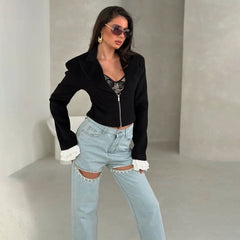 Kaerwx | Women’s Black Slim Zipper Jacket Ruffled Cuff Fashion Outerwear