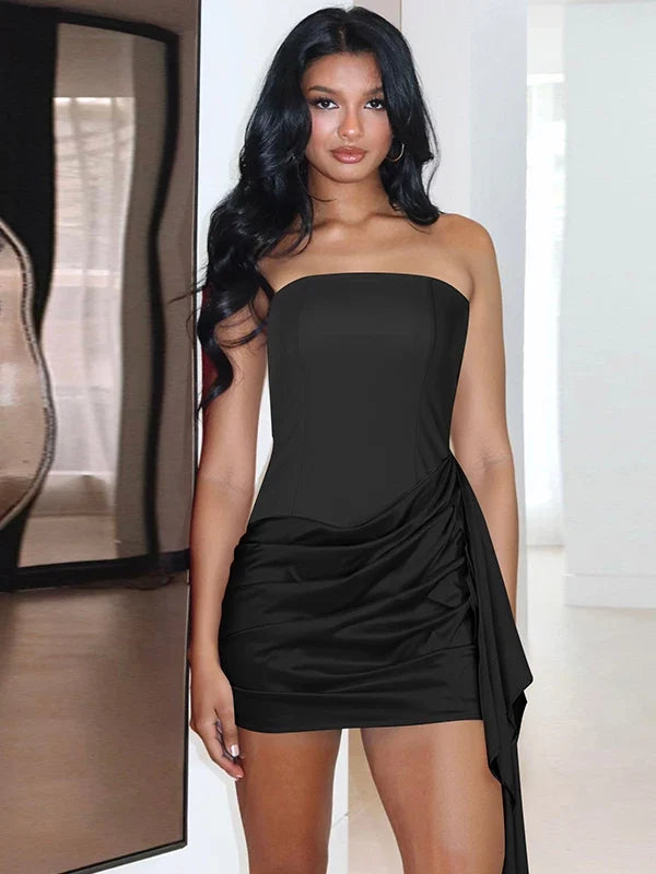 Kaerwx | One-Shoulder Satin Splice High-Waist Slim Dress