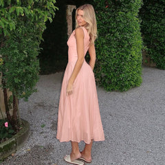 Kaerwx | Deep V-Neck Satin Back-Zip Mesh Splice Suspender Long Dress
