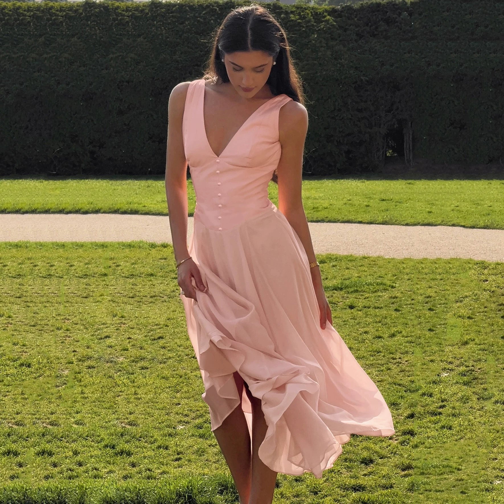 Kaerwx | Deep V-Neck Satin Back-Zip Mesh Splice Suspender Long Dress