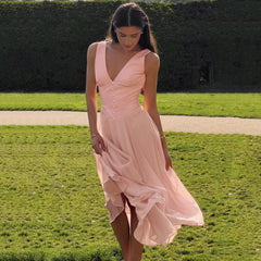 Kaerwx | Deep V-Neck Satin Back-Zip Mesh Splice Suspender Long Dress