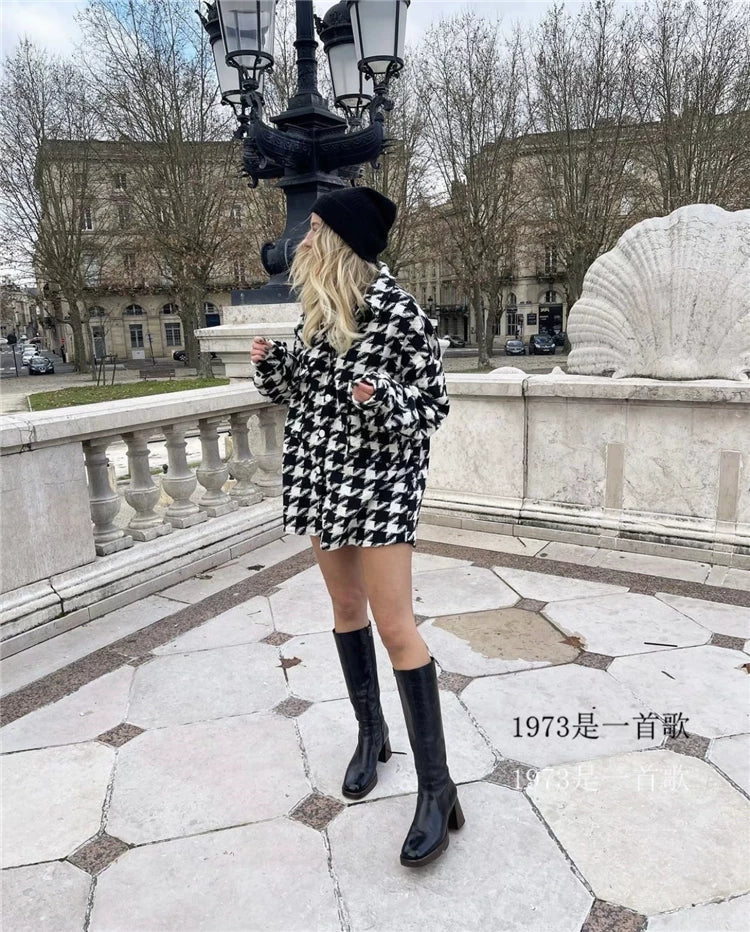 Kaerwx | Women’s Houndstooth Wool Coat Mid-Length Thick Autumn Winter