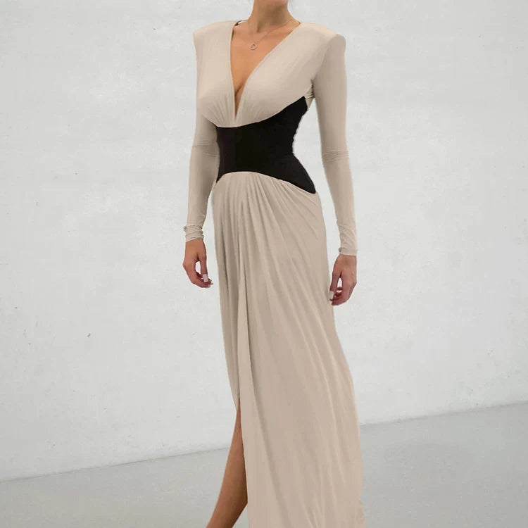 Kaerwx | V-Neck Long-Sleeve Waist-Cinching Dress with Slits