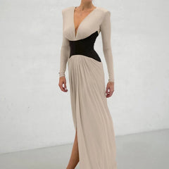 Kaerwx | V-Neck Long-Sleeve Waist-Cinching Dress with Slits