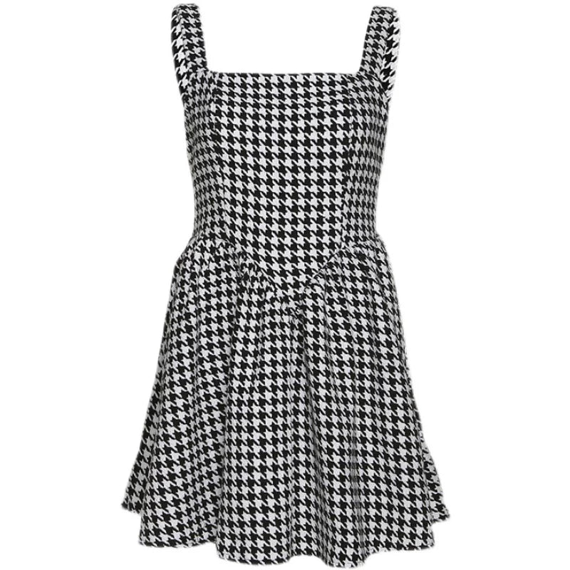 Kaerwx | Houndstooth One-Shoulder Backless Slim Suspender Dress