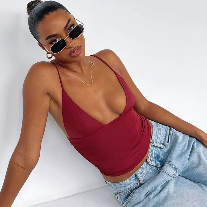 Kaerwx | Women’s Street Style V Neck Camisole High Waist Pleated Top