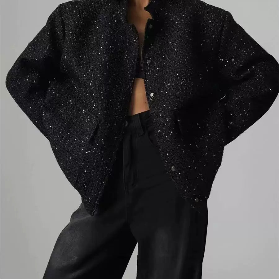 Kaerwx | Women’s Gold Sequin Jacket Loose Stand Collar