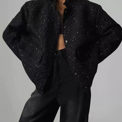 Kaerwx | Women’s Gold Sequin Jacket Loose Stand Collar