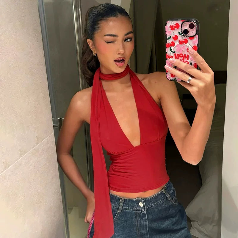 Kaerwx | Deep V Halter Backless Short Top for Women