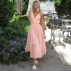 Kaerwx | Deep V-Neck Satin Back-Zip Mesh Splice Suspender Long Dress