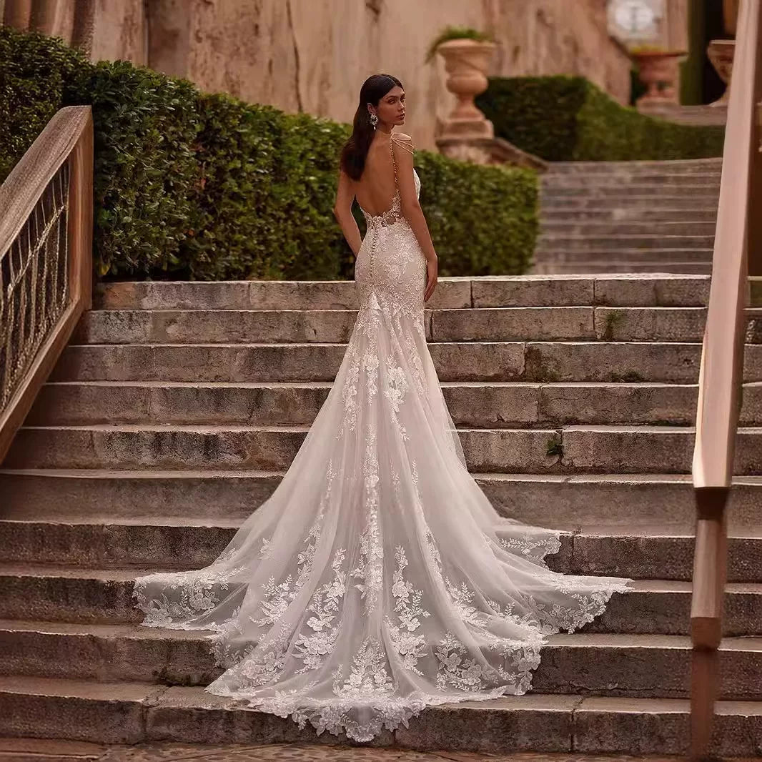Kaerwx | Women’s Hollow Lace Mermaid Wedding Dress Thin Strap Evening Gown