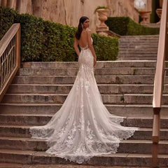 Kaerwx | Women’s Hollow Lace Mermaid Wedding Dress Thin Strap Evening Gown