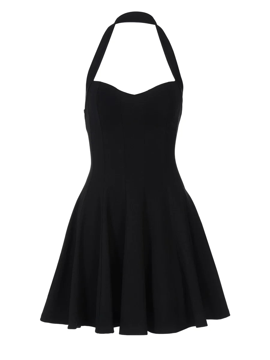 Kaerwx | One-Line Collar Zip-Back Halter High-Waist A-Line Short Dress