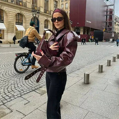 Kaerwx | Women’s Red Leather Jacket – Retro Motorcycle Street Style Short Coat