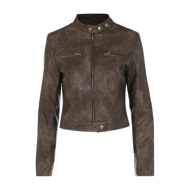 Kaerwx | Women’s Brown PU Leather Jacket – Retro Stand Collar Short Coat