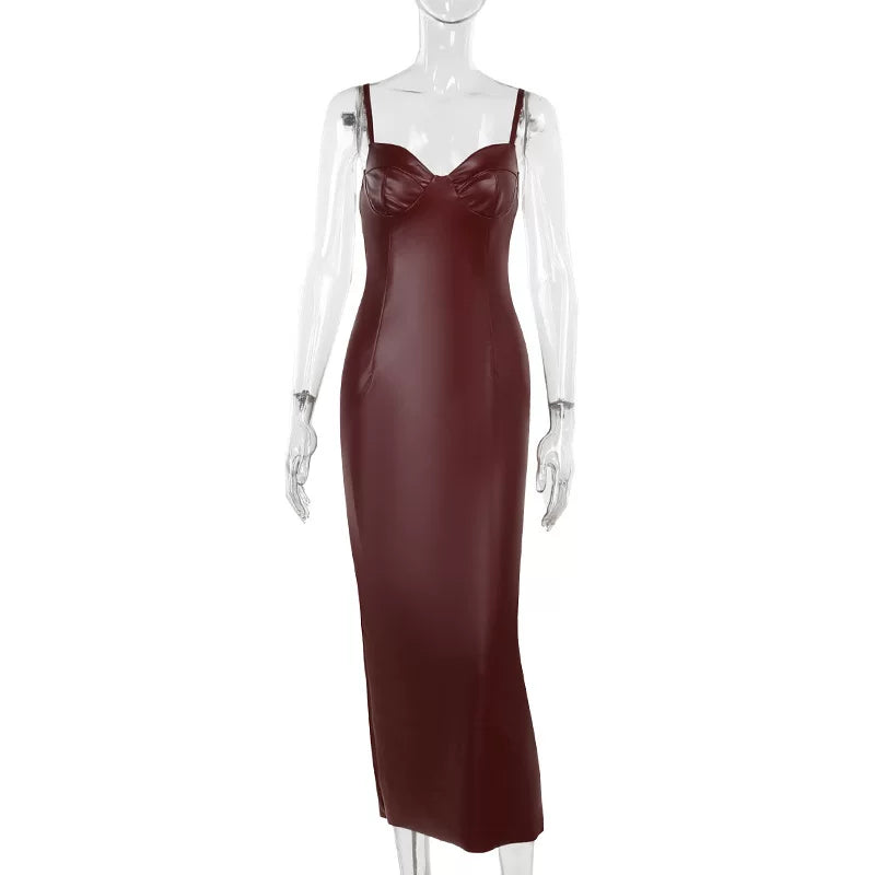 Kaerwx | Sleeveless Waist-Cinching Leather Fitted Long Dress