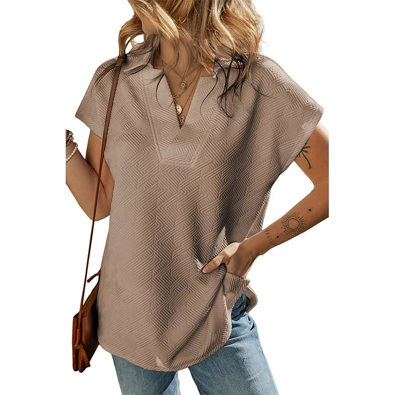 Kaerwx | Solid Color V-Neck Short-Sleeve T-Shirt with Hem Slit for Women