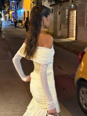 Kaerwx | One-Shoulder Long-Sleeve Pleated Waist-Slim Dress with Train