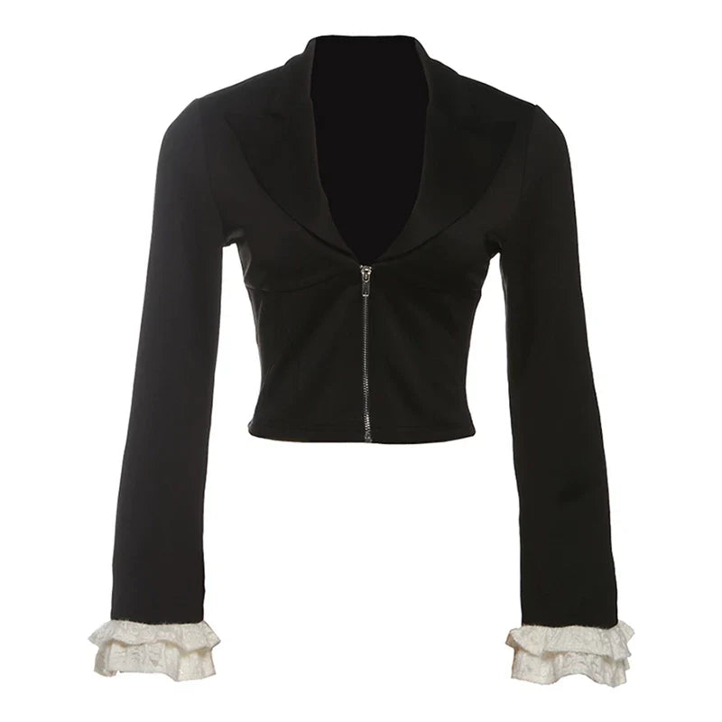 Kaerwx | Women’s Black Slim Zipper Jacket Ruffled Cuff Fashion Outerwear