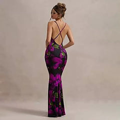 Kaerwx | Dark Purple Floral Cross-Strap Backless Dress for Women