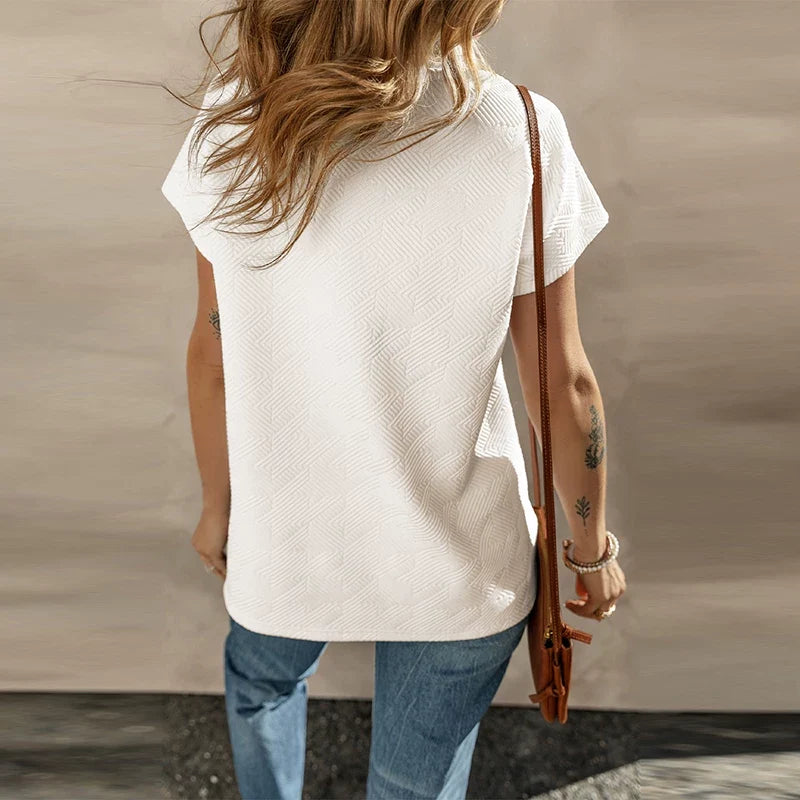 Kaerwx | Solid Color V-Neck Short-Sleeve T-Shirt with Hem Slit for Women