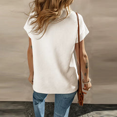 Kaerwx | Solid Color V-Neck Short-Sleeve T-Shirt with Hem Slit for Women