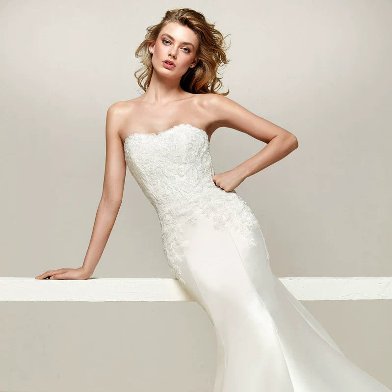Kaerwx | Women’s One Shoulder Satin Mermaid Wedding Dress Slim Fit Detachable Train