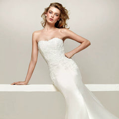 Kaerwx | Women’s One-Shoulder Satin Mermaid Wedding Dress Slim Fit Detachable Train