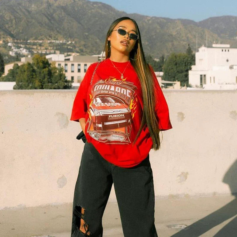 Kaerwx | Oversized Red and White Short-Sleeve T-Shirt for Women