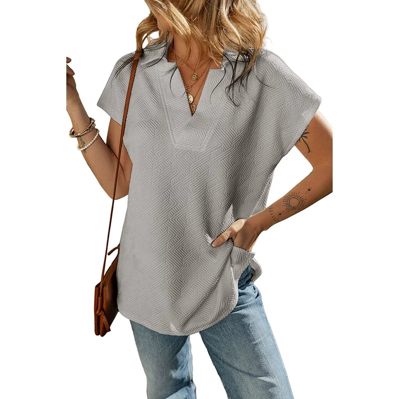 Kaerwx | Solid Color V-Neck Short-Sleeve T-Shirt with Hem Slit for Women