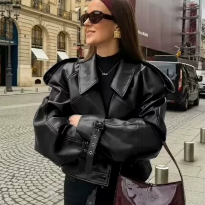 Kaerwx | Women’s Red Leather Jacket – Retro Motorcycle Street Style Short Coat