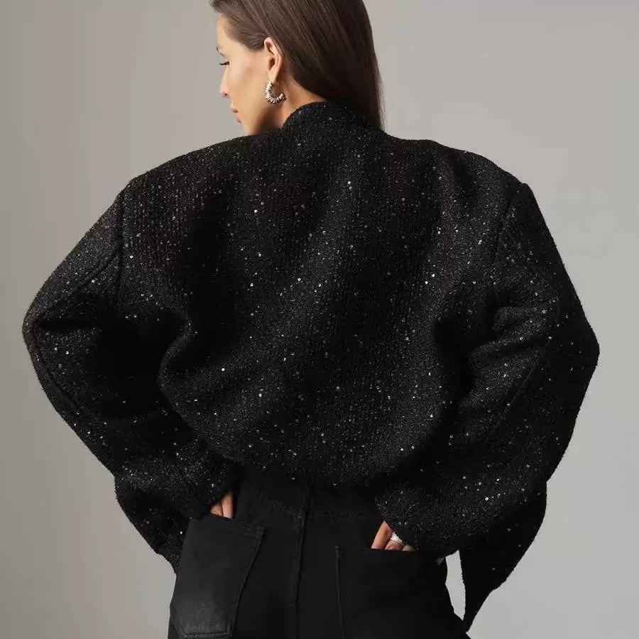 Kaerwx | Women’s Gold Sequin Jacket Loose Stand Collar