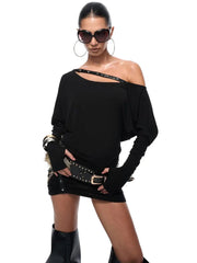 Kaerwx | One-Shoulder Rivet Pleated Long-Sleeve Dress for Women