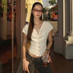 Kaerwx | Fold-Neck Short-Sleeve Buttoned Top for Women