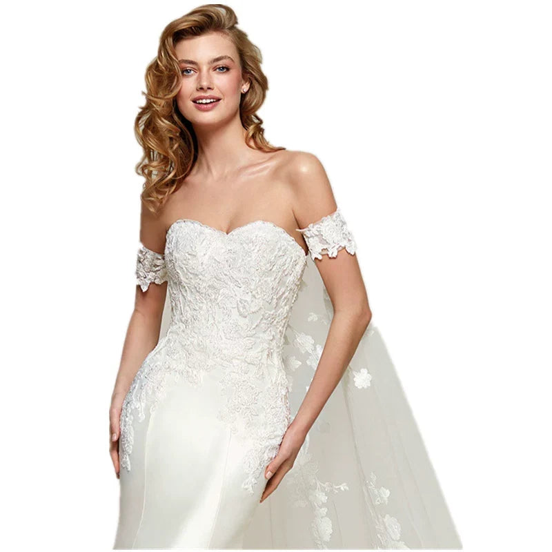 Kaerwx | Women’s One-Shoulder Satin Mermaid Wedding Dress Slim Fit Detachable Train