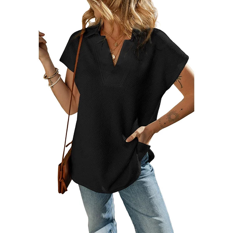 Kaerwx | Solid Color V-Neck Short-Sleeve T-Shirt with Hem Slit for Women