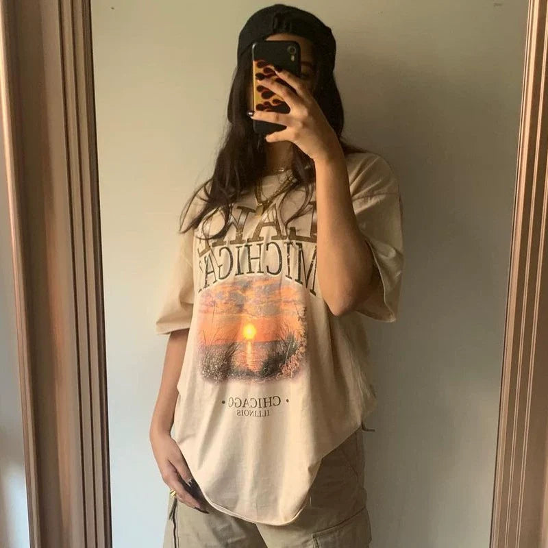 Kaerwx | Women’s Retro Sunset Short Sleeve Oversized T Shirt Street Style Top