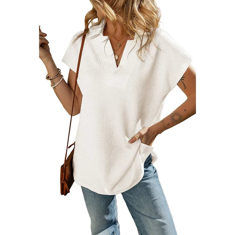 Kaerwx | Solid Color V-Neck Short-Sleeve T-Shirt with Hem Slit for Women