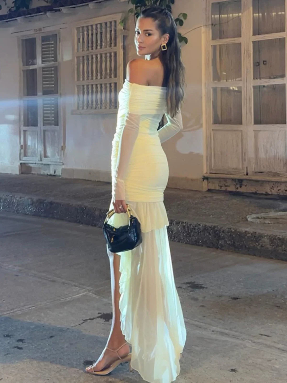 Kaerwx | One-Shoulder Long-Sleeve Pleated Waist-Slim Dress with Train