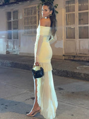 Kaerwx | One-Shoulder Long-Sleeve Pleated Waist-Slim Dress with Train