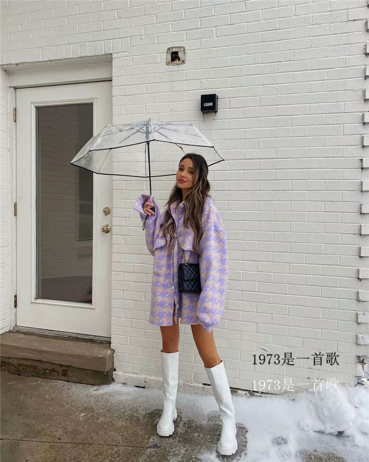 Kaerwx | Women’s Houndstooth Wool Coat Mid-Length Thick Autumn Winter
